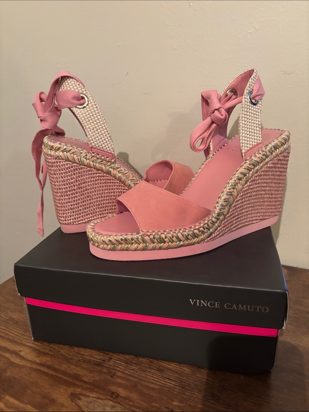 Vince Camuto Rose Pink Espadrille Wedge Sandals with Ankle Tie